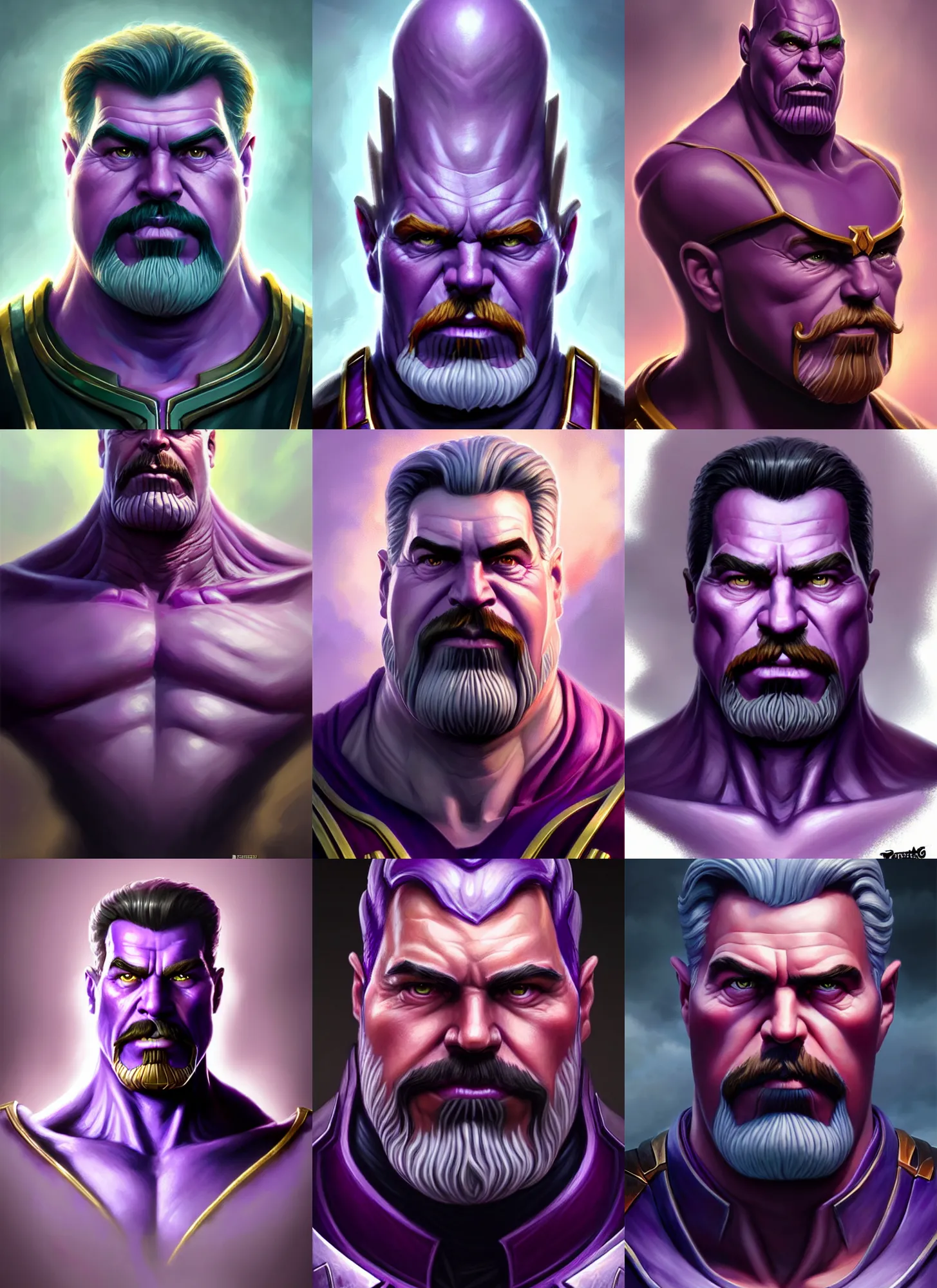 Prompt: a fantasy style portrait painting a character if joseph stalin and thanos had a son, purple skin, powerful chin, thanos style traits, painting, unreal 5, daz., rpg, portrait, extremely detailed, artgerm greg rutkowski _ greg