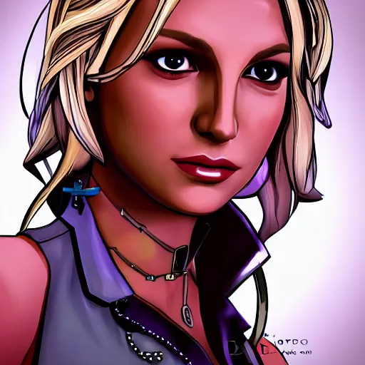 Image similar to britney spears portrait, borderlands, tales from the borderlands, the wolf among us, comic, cinematic lighting, studio quality, 8 k