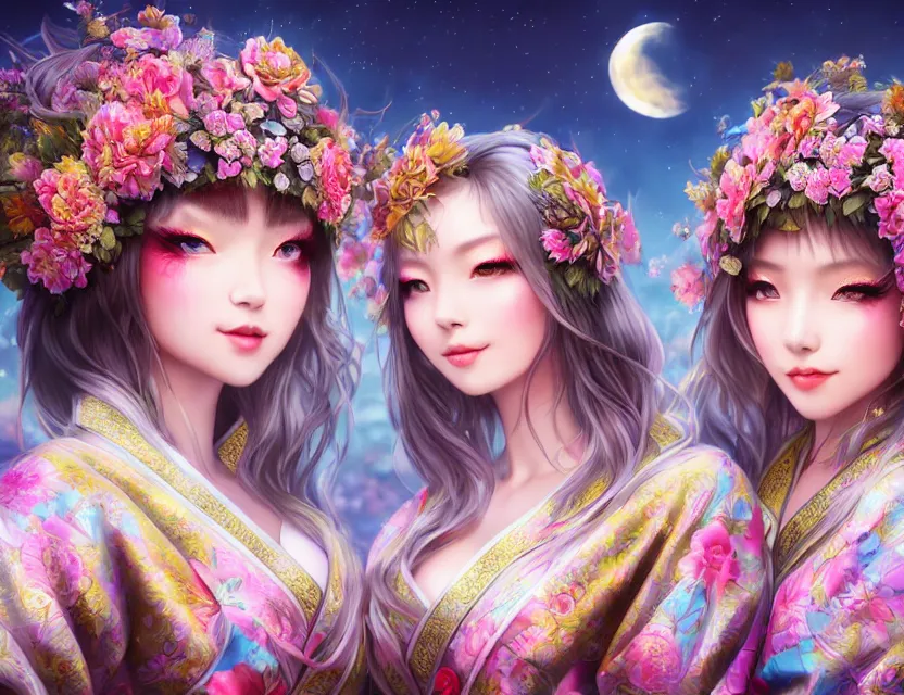 Image similar to two beautiful alluring siberian girls wear fantasy kimono in festival | | sunny night, full moon, dreamlike art, realistic shaded, smile, good looking, hyper details, 4 k realistic, cryengine, realistic shaded lighting poster by artgerm, ross tran, fuji choko, 8 k resolution, trending on artstation, luxury