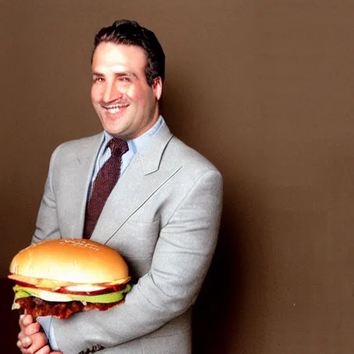 Image similar to clean - shaven smiling white chubby italian american man in his 4 0 s wearing a brown overcoat overcoat overcoat and necktie holding a giant burger, 2 0 0 0 avertising promo shot