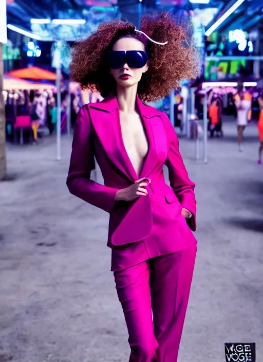 Prompt: trouser suit for a rave, bright colors, face sunglasses, photo for a magazine, photo for a store, fashion photography, Vogue, 135 mm, cinematic, high detail, 8k, dynamic pose,Smooth skin, perfect face