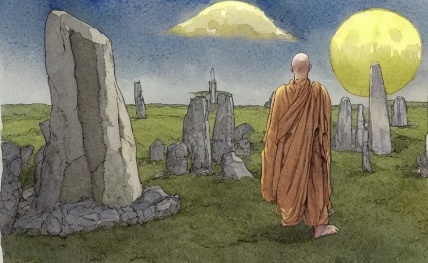 Image similar to a realistic watercolor fantasy concept art of giant monk with a big forehead in grey robes praying in stonehenge. several immense stones are floating in the air. in the background a large ufo is in the sky. by rebecca guay, michael kaluta, charles vess