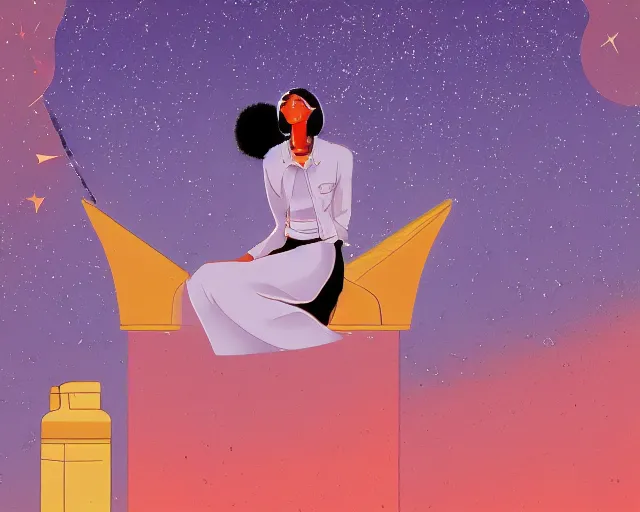 Image similar to 'There is nothing so loathsome as a sentimental surrealist.' illustration by zasxi kdiop, zido, 3000s retro anime aesthetic wallpaper. An isolated girl, dreaming of the galaxy express. I dream of a futuristic, utopian space ship, complete with the sound of the stars dancing to our music