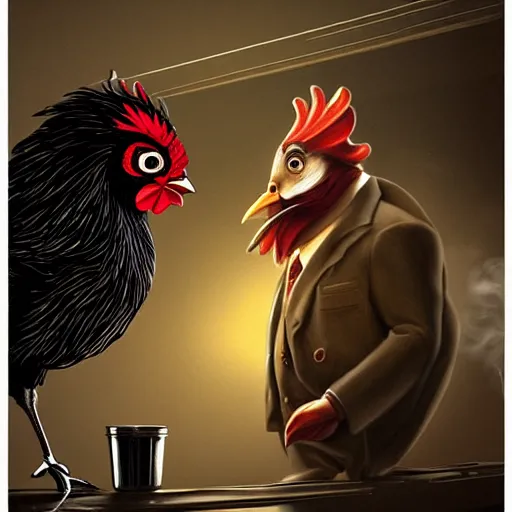 Image similar to a chicken wearing a suit smoking a cigar, dramatic lighting, cinematic, establishing shot, extremly high detail, photorealistic, cinematic lighting, artstation, style by James Gurney