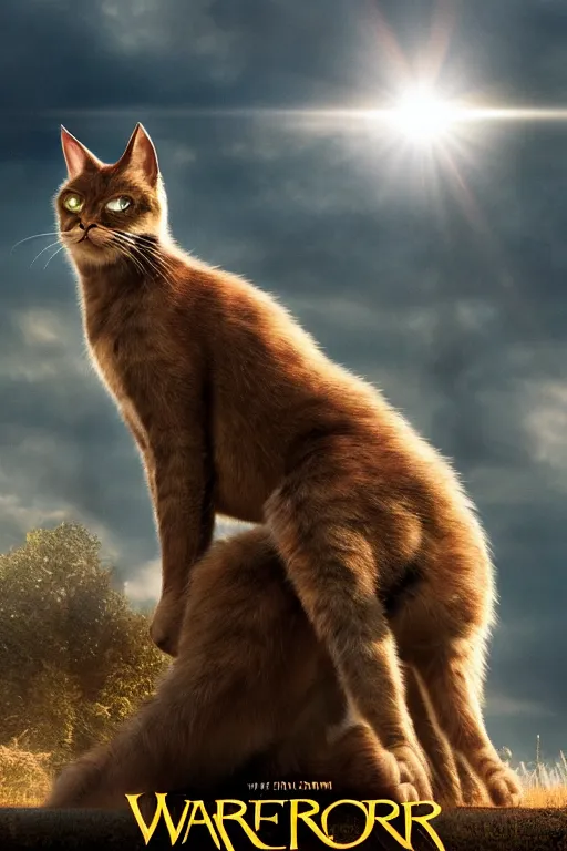 Image similar to a movie poster for warrior cats, depth of field, sun flare, hyper realistic, very detailed, backlighting, cgi, by wayne mclouglin