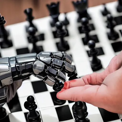 Image similar to a photo, an aggressive robot hand grabbing a human hand over a chess board