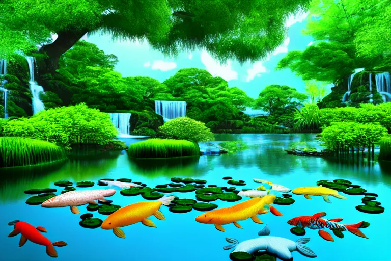 Image similar to aquamarine river, beautiful symmetrical tree of life in the water, large lotus flowers, koi fish, realistic : : super - resolution, 3 d render, intricate and highly detailed, elegant, photorealistic