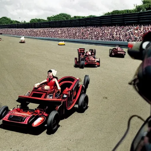 Prompt: lady catherine de bourgh drives her barouche box on the formula 1 circuit of le mans. cinematic, technicolor, highly intricate