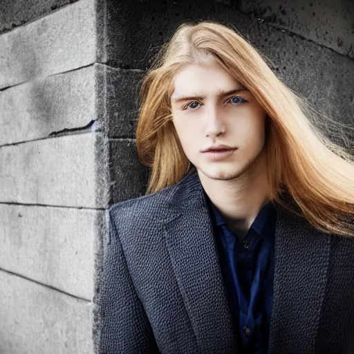 Image similar to a beautiful young man, blond, long hair, blue eyes, fair skin, in the middle of the city, detailed face and hair, hyper realistic