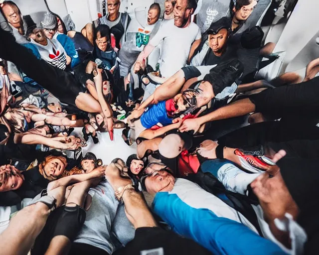 Image similar to incredible absurd surreal closeup of people getting new adidas clothes, people enjoying their new clothes in the style of michael bay action movie, vsco film grain