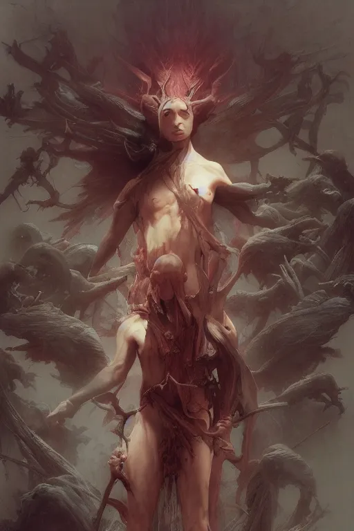 Prompt: One True God, dark fantasy painted by Wayne Barlowe and Greg Rutkowski and zdislav beksinski and Ruan Jia and Mandy Jurgens and Artgerm and william-adolphe bouguereau, highly detailed, trending on artstation, artstationHD, artstationHQ, 4k, 8k