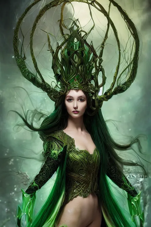 Prompt: a muse of beauty, Elf Queen Nissa Genesis Mage, green eyes, long flowing braided hair, mostly green and leather robe armor, large magical staff, young female face, green magic, cinematic top lighting, insanely detailed and intricate, face by wlop, Charlie Bowater, golden ratio, symmetric, elegant, ornate, luxury, elite, matte painting, MTG, magic the gathering, cinematic, trending in artstation, pinterest, cgsociety, 8k, high resolution,