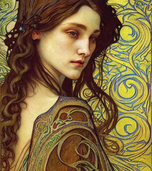 Image similar to detailed realistic beautiful young medieval queen face portrait by jean delville, alphonse mucha, vincent van gogh, and marco mazzoni, art nouveau, symbolist, visionary, gothic, pre - raphaelite