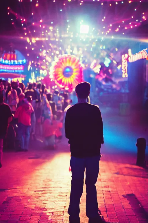 Prompt: agfa vista 4 0 0 photograph of a guy standing in the middle of a carnival, back view, synth vibe, vaporwave colors, lens flare, moody lighting, moody vibe, telephoto, 9 0 s vibe, blurry background, grain, tranquil, calm, faded!,