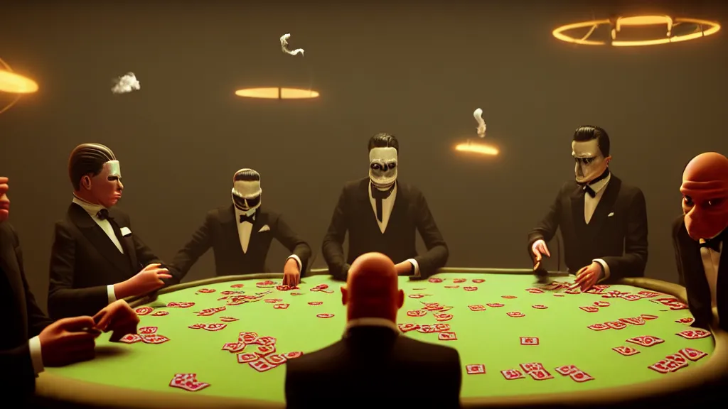 Image similar to hyperrealism simulation highly detailed human turtles'wearing detailed tuxedos and smoking, playing poker in surreal scene from cyberpunk movie from future by wes anderson and denis villeneuve and mike winkelmann rendered in blender and octane render