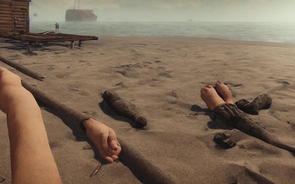 Image similar to waking up on the beach on rust video game with rock in hand, atmospheric, mist, epic, photorealistic, realistic, rule of thirds, extremely detailed, 4 k, 8 k, unreal engine 5 render, rim lighting, rtx, ray traced lighting, shot on 3 5 mm, film grain