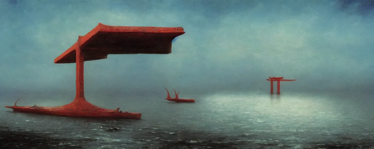 Image similar to A beautiful painting of A Torii over the sea by Zdzisław Beksiński and Ilya Repin,In style of Post-Apocalyptic.digital art, illustration,hyper detailed,smooth, sharp focus,trending on artstation,oil on the canvas,4k