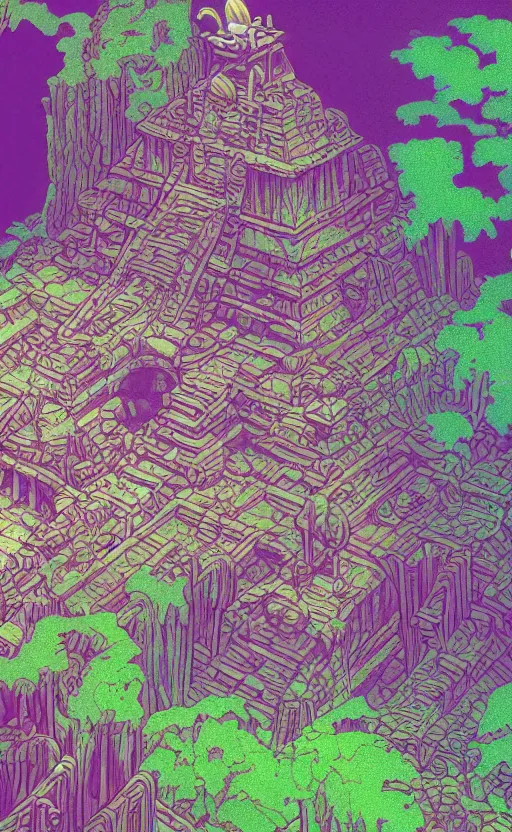 Prompt: a mayan temple, microscopic tardigrade, microbiology, magical forest, ruins, civilization, vegetation, futuristic, sharp focus, electric swirls, backlight, risograph, intricate details, disney pixar, james gilleard, moebius, print, iridescent, global illumination, anime, game art