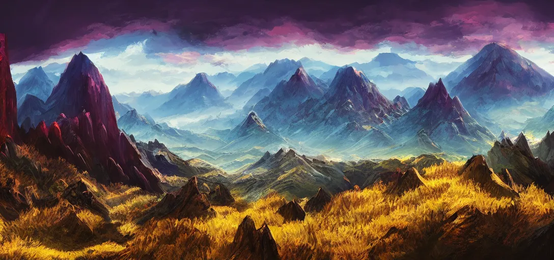 Image similar to vast mountain landscape, craggy mountains, magic the gathering, three - colors, three - color color palette, panoramic, wide angle, horizon, highly detailed