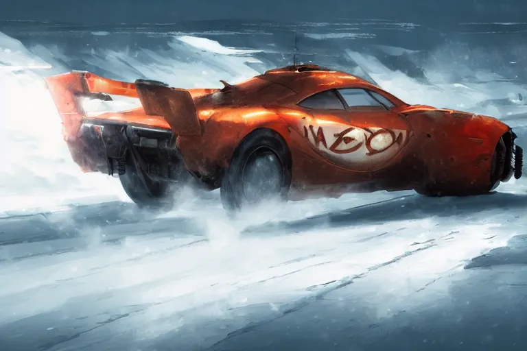 Prompt: dieselpunk digital illustration of mad max mclaren f 1 speeding across a frozen lake in a blizzard by makoto shinkai, ilya kuvshinov, lois van baarle, rossdraws, basquiat