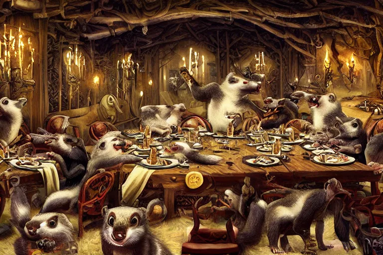 Image similar to badgers and weasels in a banquet hall having a feast together as friends, fantasy art, furry art, artastation, 4k