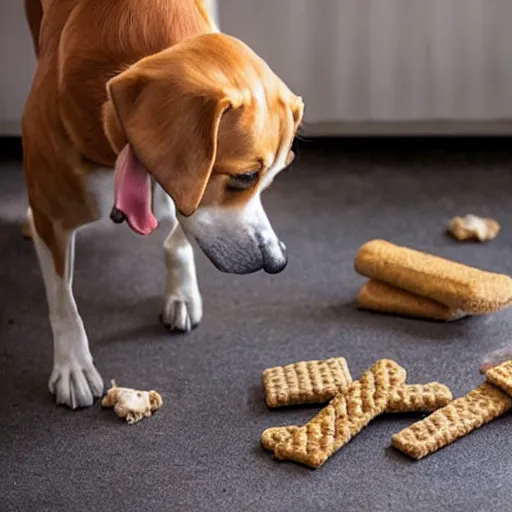 Prompt: dog that has normal human legs for legs, eating wheat treats,