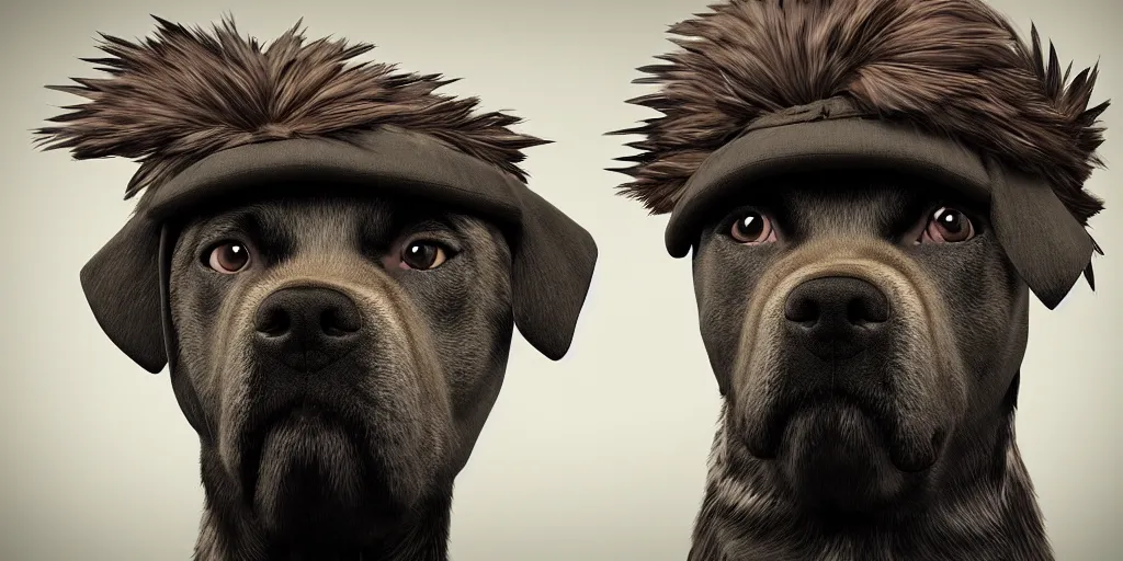 Prompt: portrait of a dog with a human mohawk hat, digital art, unreal engine