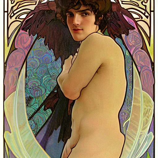 Prompt: ultra realistic illustration of fifteen year old winged boy angel, full body, male body, elegant study, art nouveau poster by alphonse mucha