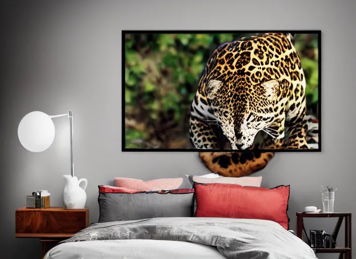 Image similar to photography of a Jaguar Cat . watching outside the window. on a bed. in a 70's room full of vinyls and posters, photorealistic, award winning photo, 100mm, sharp, high res