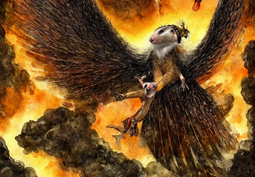 Image similar to legendary fire winged possum flying over a medieval castle under the dark starred sky, dark fantasy, watercolor, dreaming illusion, highly detailed, 4k, trending on Artstation, award-winning