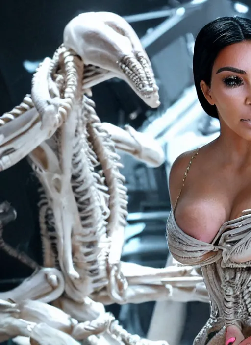 Image similar to photo still full pov of a kim kardashian with a alien facehugger over her face, cinematic full shot.