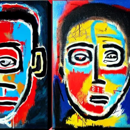 Image similar to robert nava paintings in the style of jean michel-basquiat