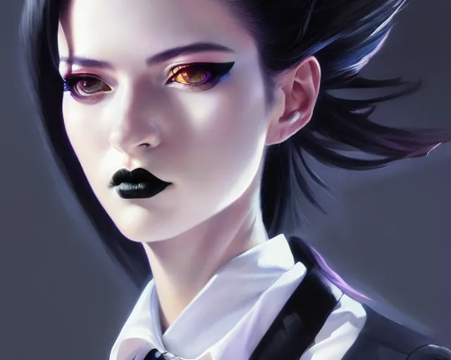 Image similar to a ultradetailed beautiful portrait panting of a stylish goth woman, wearing a shirt with a tie, dramatic, she has black hair, fashion, by hajime sorayama, makoto shinkai, greg rutkowski and conrad roset, trending on artstation