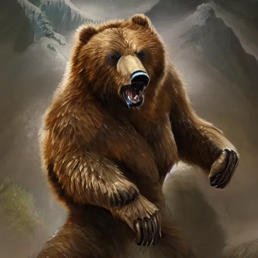 Image similar to a ferocious grizzly bear monster with 4 arms, fantasy concept art, detailed, epic pose