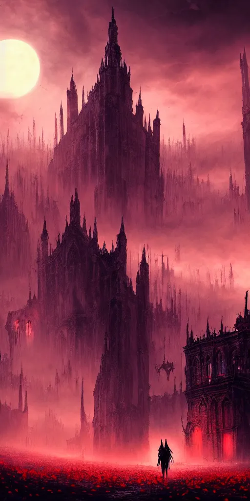 Image similar to abandoned bloodborne old valley with a person at the centre and a ruined gothic city at the emd, trees and stars in the background, phantoms in the sky, falling red petals, epic red - orange moonlight, perfect lightning, wallpaper illustration by niko delort and kentaro miura, 4 k, ultra realistic