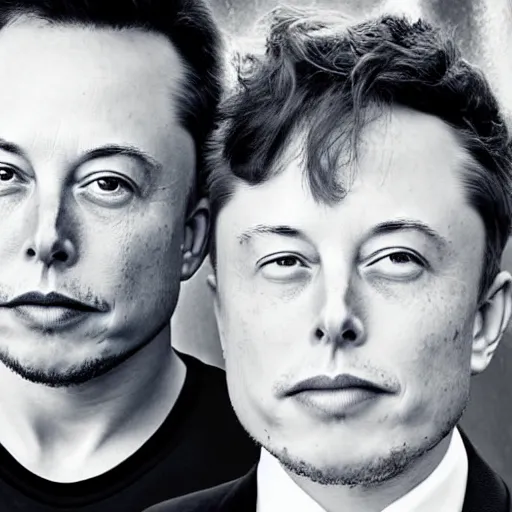 Image similar to A portrait photo of Elon Musk teams up with a teenage Elon Musk, perfect faces, 50 mm, award winning photography