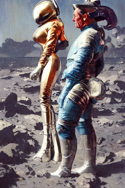 Image similar to bipedal bull standing beside elegant lady wearing a latex spacesuit, by norman rockwell, jack kirby, jon berkey, earle bergey, craig mullins, ruan jia, jeremy mann, tom lovell, marvel, astounding stories, 5 0 s pulp illustration, scifi, fantasy, artstation creature concept