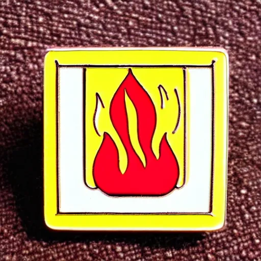 Prompt: a square enamel pin of a retro 1 9 8 0 s minimalistic flame fire warning label, smooth curves