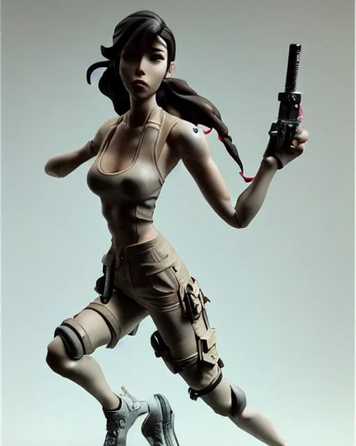 Image similar to james jean isolated vinyl figure pretty lara croft character design, figure photography, dynamic pose, holographic undertones, glitter accents on figure, anime stylized, sharp focus, accurate fictional proportions, high delicate defined details, ethereal lighting