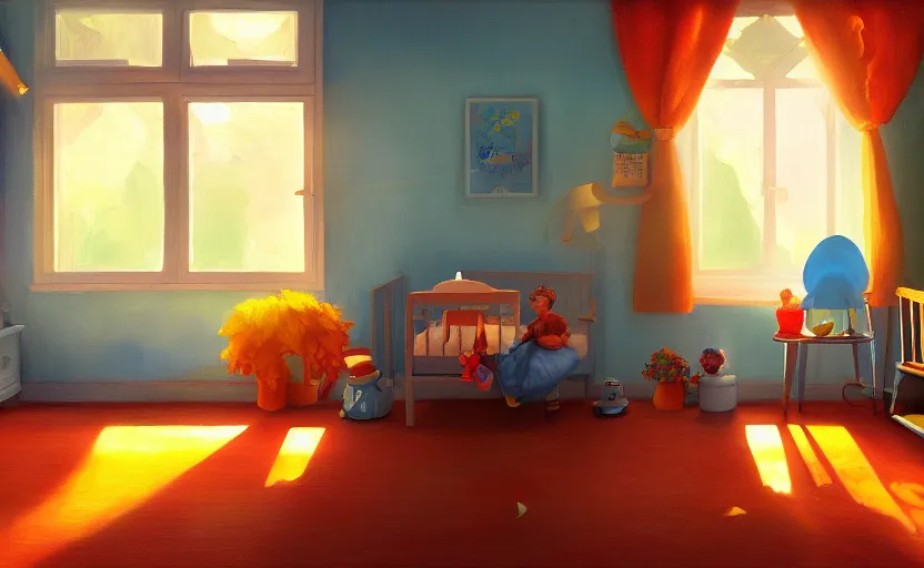 Prompt: happy morning and the rays of the morning sun shining through the window of kid's room in the village house clear sky, warm colors, coherent shadows, happy mood, oil painting, high detail, trending on artstation