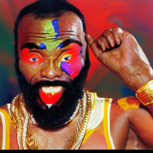 Image similar to mr. t on acid, detailed facial expressions, 1 9 8 0 s aesthetic