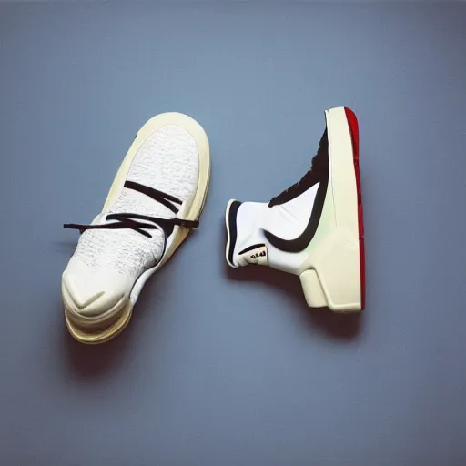 Image similar to a studio photoshoot of A Nike sneaker designed by Jerry Lorenzo, Fear of God, minamalist, realistictic, color film photography by Tlyer Mitchell, 35 mm, graflex