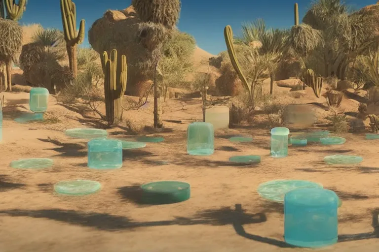 Image similar to desert oasis in a translucent casing electronic environment, ps 4 screenshot, still from a kiyoshi kurosawa movie, sanriocore, full sun lighting