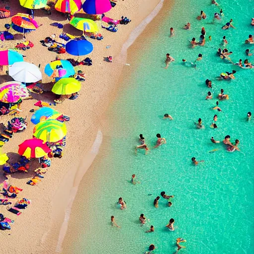 Image similar to photograph beachscapes from an almost perpendicular angle, Aerial view of sandy beach with umbrellas and sea, Aerial of a crowded sandy beach with colourful umbrellas, sun bathers and swimmers during summer, by Tommy Clarke