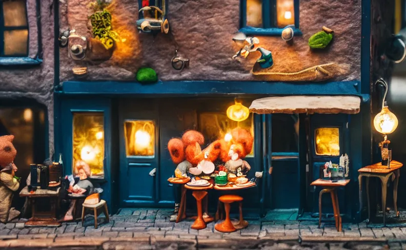 Prompt: miniature cafe diorama, macro photography, cafe with felted anglerfish on a date, alleyway, ambient, atmospheric, british, cozy, bokeh, romantic, colorful lanterns