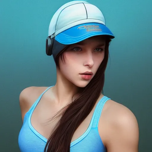 Prompt: photo of a gorgeous caucasian female with long brown hair with light blue ends in the style of stefan kostic, tank top, visor, realistic, cyberpunk, body shot, sharp focus, 8 k high definition, insanely detailed, intricate, elegant, art by stanley lau and artgerm, floating embers