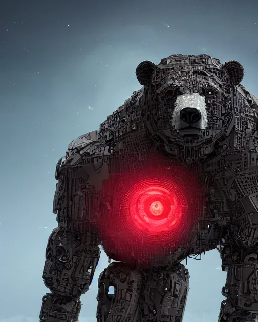 Prompt: a full body shot of an imposing cyborg ( bear ) modeled after a bear looking into the camera, android, cyborg, full body shot, intricate, 3 d, hyper realism, symmetrical, octane render, strong bokeh, fantasy, highly detailed, depth of field, digital art, artstation, red, concept art, cinematic lighting, trending