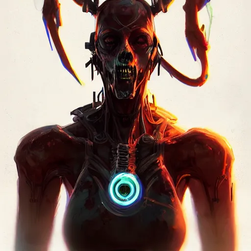 Image similar to portrait of a horrific cybernetic zombie, cyberpunk concept art by pete mohrbacher and artgerm and wlop and greg rutkowski and deathburger, digital art, highly detailed, intricate, sci-fi, sharp focus, Trending on Artstation HQ, deviantart, unreal engine 5, 4K UHD image