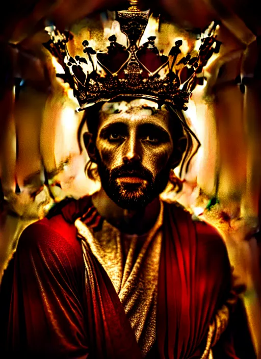 Image similar to 'Portrait of Crowned King Arthur' by Lee Jeffries royally decorated, whirling plasma, atmospheric motes, red and gold Sumptuous garb, gilt silk fabric, radiant colors, fantasy, perfect lighting, studio lit, micro details,