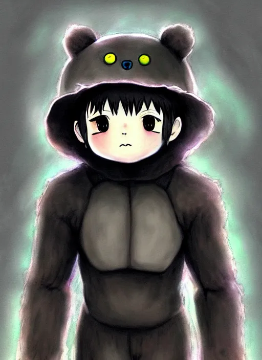 Image similar to beautiful little boy wearing an cyborg bear suit, artwork in kentaro miura and made in abyss and rosdraws, smooth, beautiful lightness, anatomically correct, trending on pixiv, forest